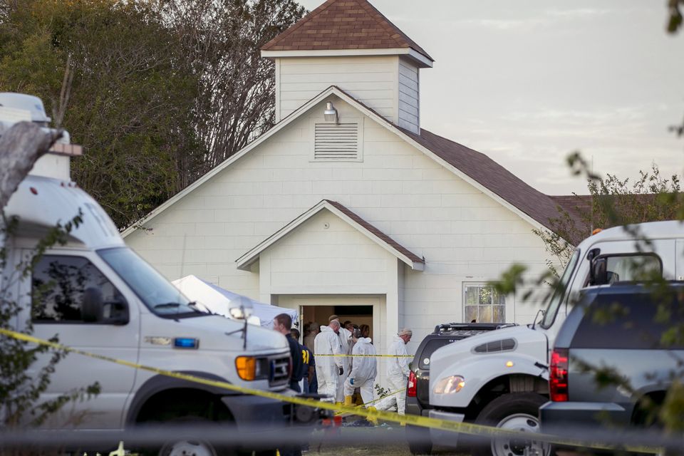 Investigators work at the scene of a mass shooting at the First Baptist Church in Sutherland Springs, Texas (AP)