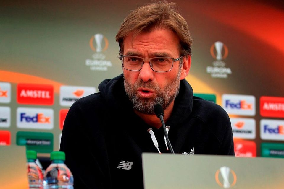 Liverpool manager Jurgen Klopp is pictured during a press conference at Melwood Training Ground, ahead of tonight’s Europa League quarterfinal second leg clash with Borussia Dortmund at Anfield. Photo: PA