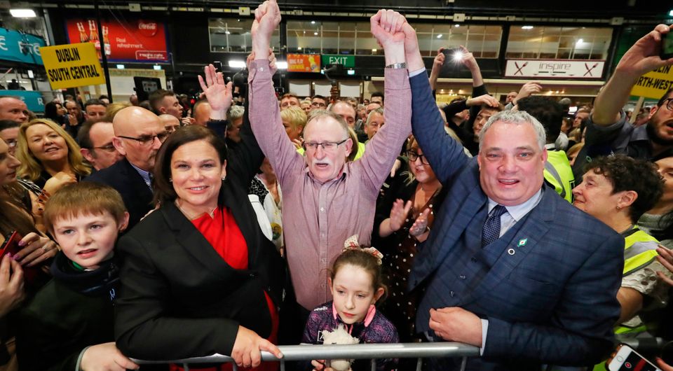 Sinn Fein’s Mary Lou McDonald and Aengus O Snodaigh celebrate with Dessie Ellis (centre) as he is elected for Dublin North-West