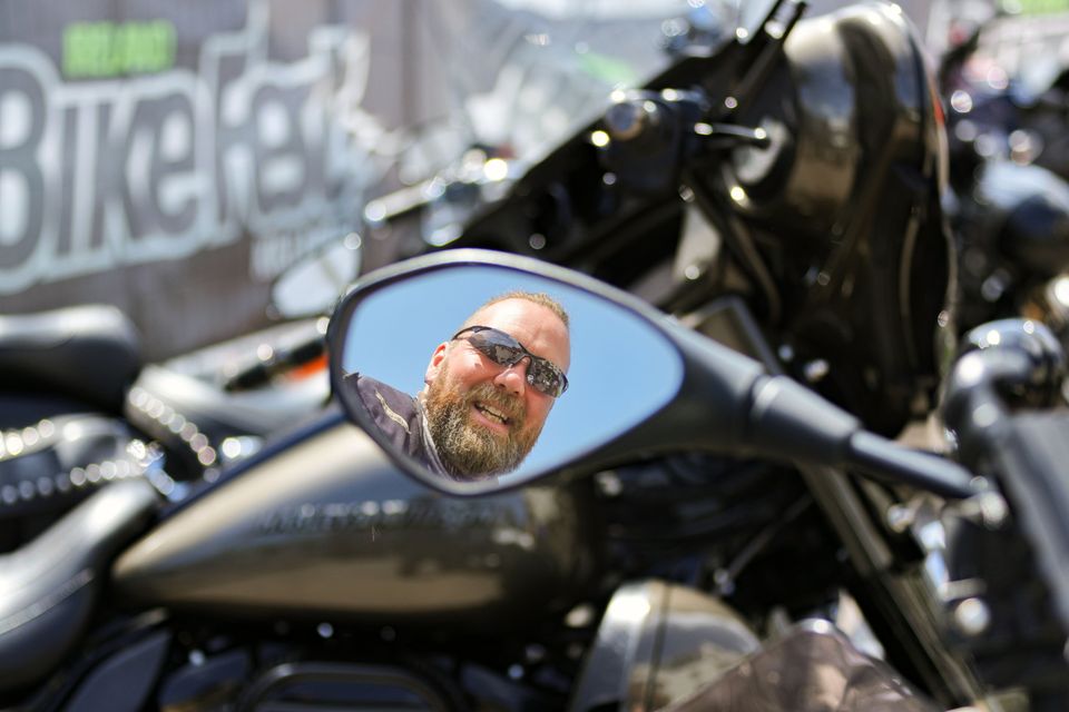 Biker Mossie O'Leary, at the first day of the  June Bank Holiday weekend for the return of Ireland BikeFest. Photo: Valerie O'Sullivan.