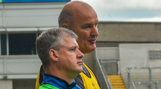 Roscommon manager Kevin McStay (l) and selector Liam McHale in the dying minutes of the game. Photo by Ramsey Cardy/Sportsfile