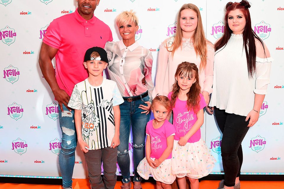 George Kay, Maxwell Mark Croft, Kerry Katona, Lilly-Sue McFadden, Molly McFadden and Heidi Croft attend the UK premiere for the brand new Nick Jr. show 'Nella the Princess Knight' at 11 Cavendish Square on May 14, 2017