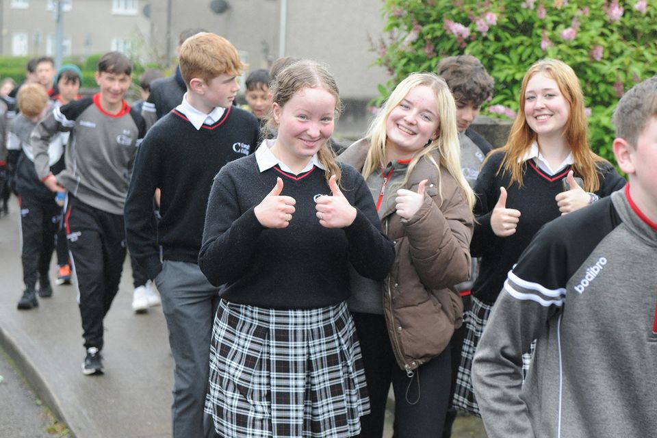 Three girls giving the thumbs up during the Creagh College 5km Walk in aid of the school's musical and Students Council on Monday. Pic: Jim Campbell