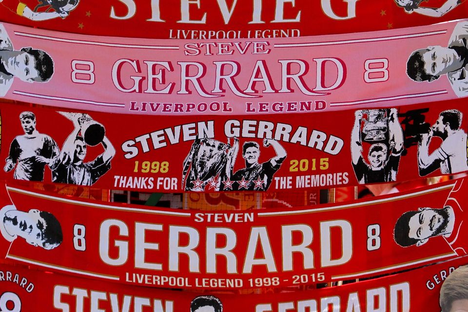 Merchandise on sale, with Steven Gerrard as the main selling point, before the Barclays Premier League match at Anfield, Liverpool. 
Peter Byrne/PA Wire.
