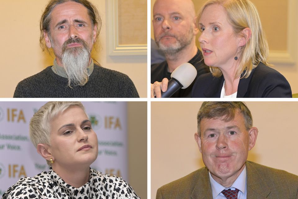 Clockwise from top left: Independent MEP Luke ‘Ming’ Flanagan, the Green Party’s Pauline O’Reilly, James Reynolds of the National Party and Fine Gael MEP Maria Walsh at the debate in Claremorris. Photos: J Corless