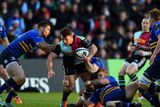 thumbnail: Harlequins' George Lowe attempts to break past Leinster backs Rob Kearney and Ian Madigan during their European Rugby Champions Cup clash at Twickenham Stoop. Photo: Paul Gilham/Getty Images