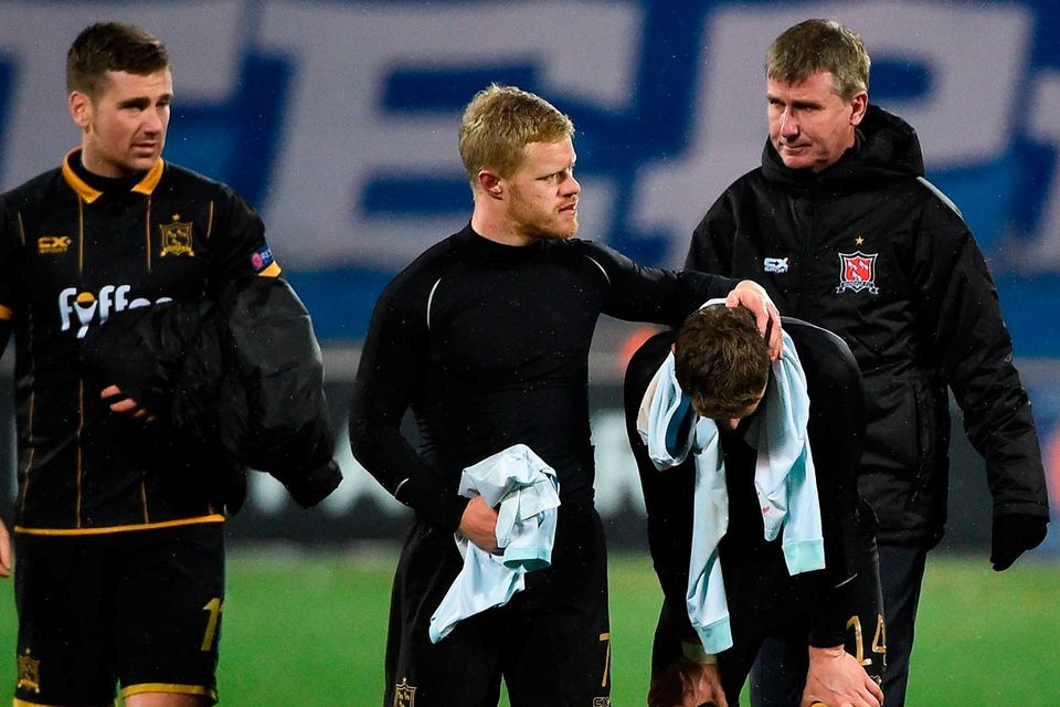Daryl Horgan, centre, with Dane Massey, Patrick McEleney and Dundalk manager Stephen Kenny after their UEFA Europa League defeat to Zenit St Petersburg. Photo by David Maher/Sportsfile