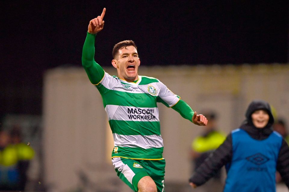 Shamrock Rovers' Trevor Clarke celebrates after scoring his side's first goal during the 2024 President's Cup victory over St Patrick's Athletic at Tallaght Stadium. Photo: Tyler Miller/Sportsfile