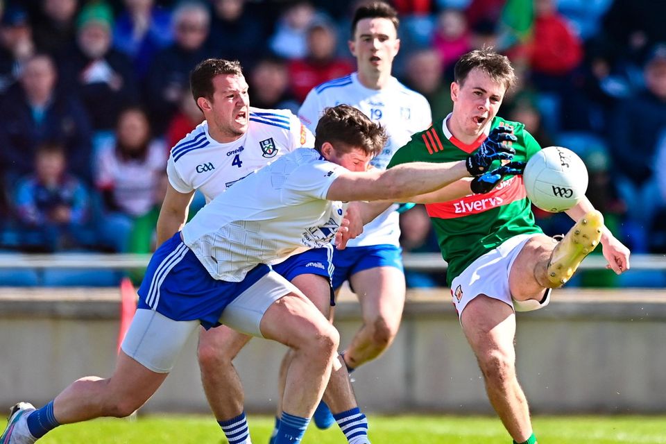 No luck: Mayo’s Paul Towey is blocked by Darren Hughes of Monaghan during the NFL Division 1 match at MacHale Park last Sunday. Mayo have the worst record of any county for losing finals. Photo: Ben McShane/Sportsfile