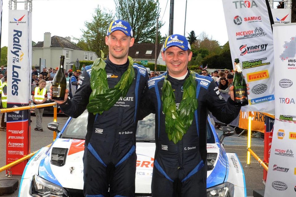 Winning Driver Callum Devine, right, and co-driver Noel O'Sullivan celebrate at the finish ramp at the Assess Ireland International Rally of the Lakes 2024  at  The Gleneagle  Hotel, Killarney on Sunday Photo by Eamonn Keogh