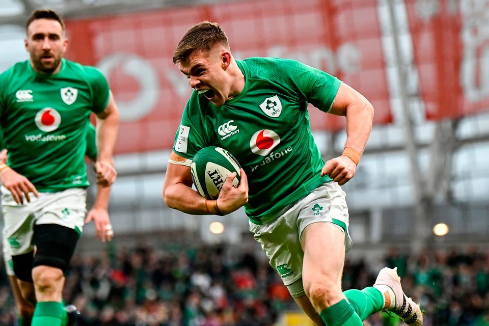 11 February 2023; Garry Ringrose of Ireland celebrates on his way to scoring his side's fourth try during the Guinness Six Nations Rugby Championship match between Ireland and France at the Aviva Stadium in Dublin. Photo by Harry Murphy/Sportsfile