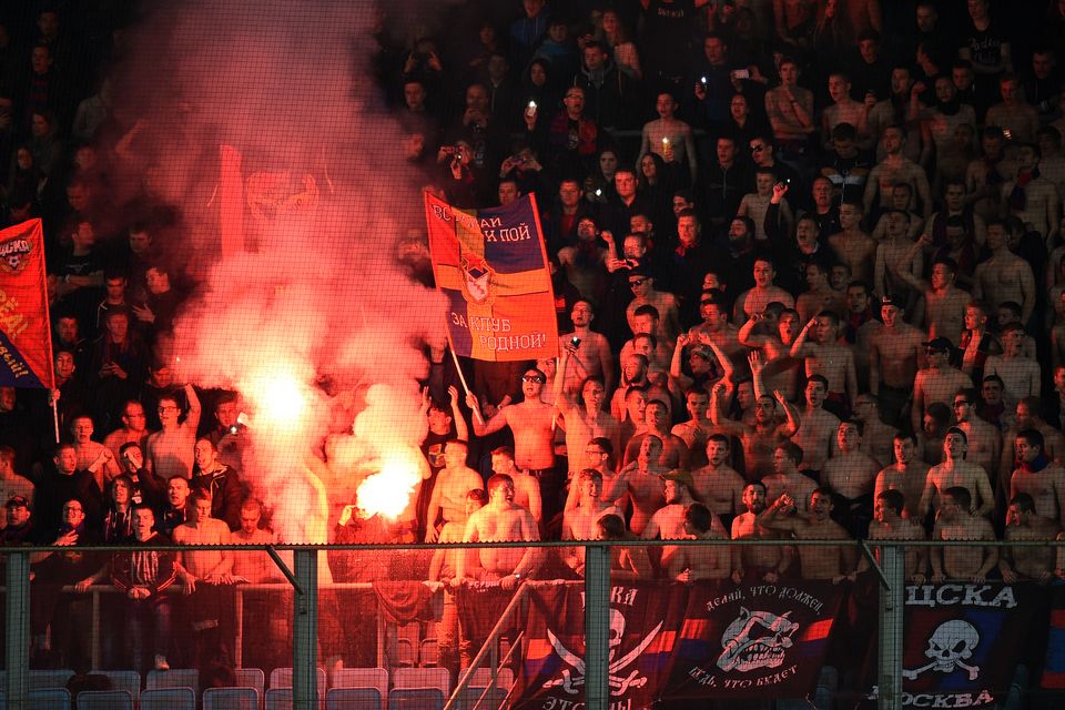 CSKA Moscow supporters light flares at the Arena Khimki Stadium, Khimki, Russia. Photo: Epsilon/Getty Images