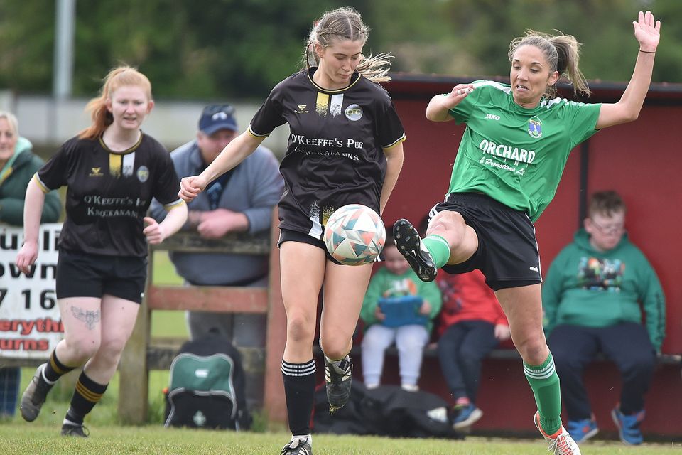 Carnew FC's Tara Doran and Louise Corrigan of Wicklow Rovers during the Divisional Shield final at Gorey Rangers grounds on Sunday. 