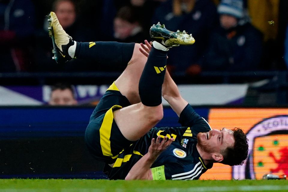 Scotland's Andrew Robertson after injuring his ankle during the international friendly match against Northern Ireland at Hampden Park. Photo: Andrew Milligan/PA Wire