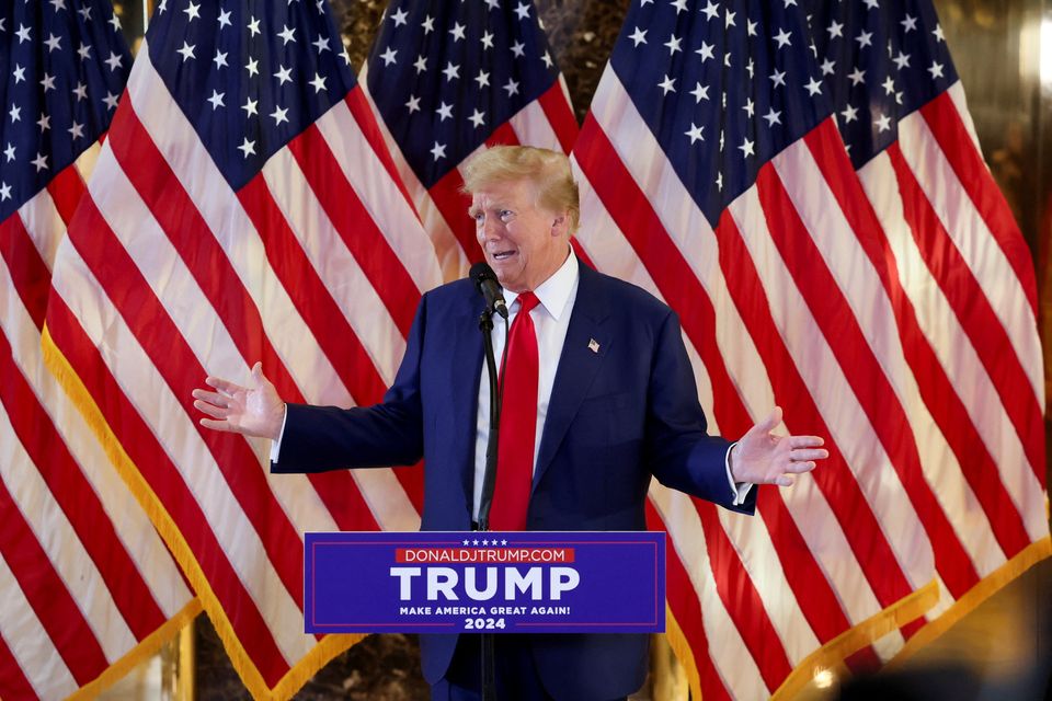 Republican presidential candidate and former U.S. President Donald Trump gestures as he speaks during a press conference, the day after a guilty verdict in his criminal trial over charges that he falsified business records to conceal money paid to silence porn star Stormy Daniels in 2016, at Trump Tower in New York City, U.S., May 31, 2024. REUTERS/Brendan McDermid