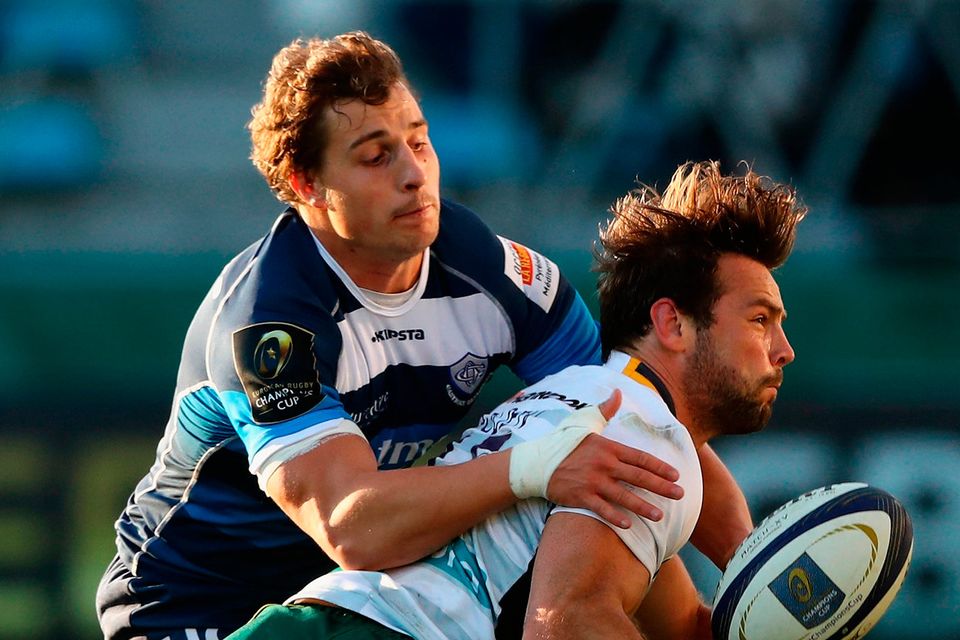 Northampton's Ben Foden is tackled by Florian Vialelle during the Champions Cup match against Castres. Photo: David Rogers/Getty Images