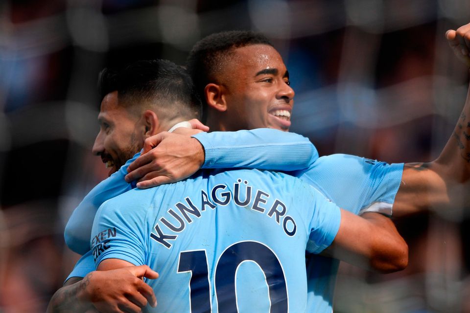 MANCHESTER, ENGLAND - SEPTEMBER 09:  Gabriel Jesus of Manchester City celebrates scoring his sides third goal with Sergio Aguero of Manchester City during the Premier League match between Manchester City and Liverpool at Etihad Stadium on September 9, 2017 in Manchester, England.  (Photo by Stu Forster/Getty Images)