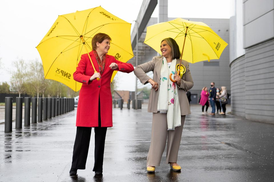 Scottish First Minister Nicola Sturgeon with Kaukab Stewart outside the Scottish Parliamentary Elections at the Emirates Arena, Glasgow. Picture: PA