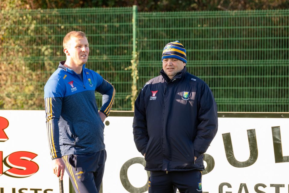 Wicklow hurling selector Billy Cuddihy and manager Casey O'Brien before the match against Kildare in the Kehoe Cup.