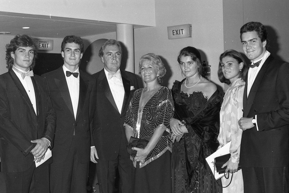 Reception hosted by H.J. Heinz, sponsors of the Pittsburgh Symphony Orchestra's Irish debut at the National Concert Hall: Dr AJF O'Reilly, Chief Executive of HJ Heinz and Chairman of Independent Newspapers Ltd and his wife Susan with five of their six children, from left: Cameron, Tony, Justine, Susan and Gavin. 885.302 Photographer Tom Burke. (Part of the Independent Newspapers Ireland/NLI Collection) . (Photo by Independent News And Media/Getty Images)