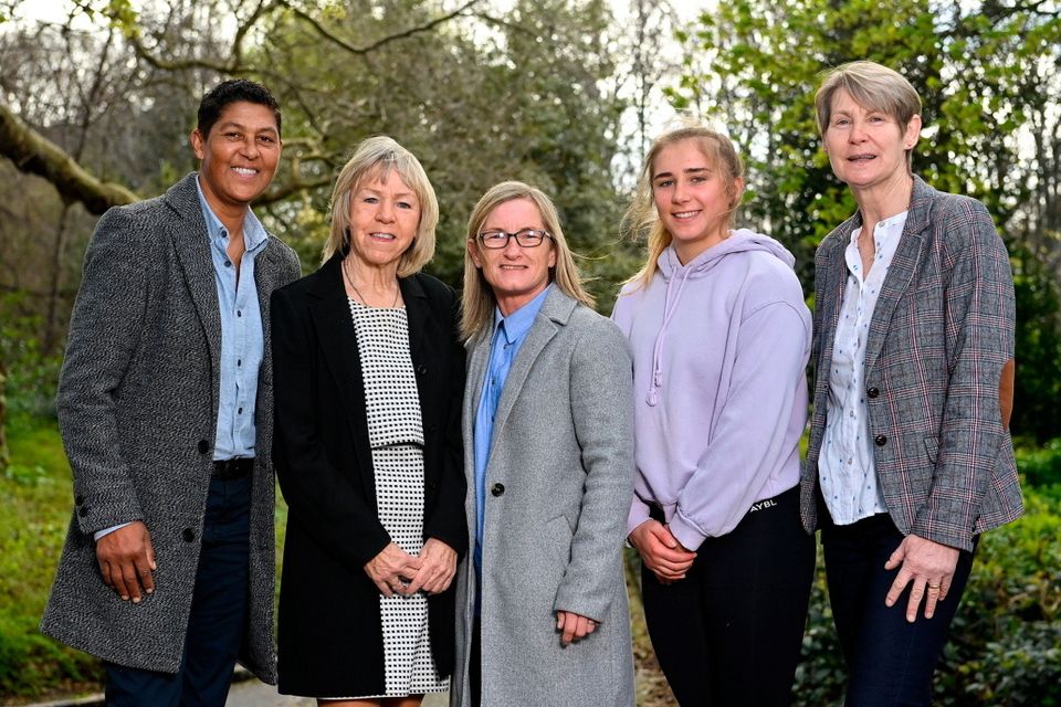 Jackie McCarthy-O'Brien, Linda Gorman, Olivia O'Toole, Ellen Molloy and Sue Hayden during the Ireland Women's National Team 50-Year Celebrations Announcement at Merrion Square in Dublin