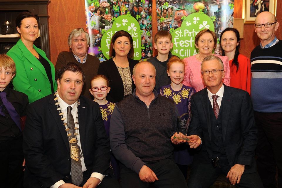 Shane O'Callaghan, Kilcummin Comhaltas, winners of the Best Childrens Group, with Cllr Niall Kelleher, Mayor of Killarney, and PJ McGee, Daly's SuperValu, sponsor, at the St. Patrick's Festival Killarney parade prizegiving function in The International Hotel on Tuesday night. Picture: Eamonn Keogh