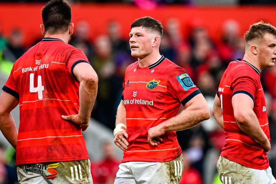 Munster players (l-r) Jean Kleyn, Jack O'Donoghue and Gavin Coombes after defeat by Glasgow in the URC match at Thomond Park. Photo:Harry Murphy/Sportsfile