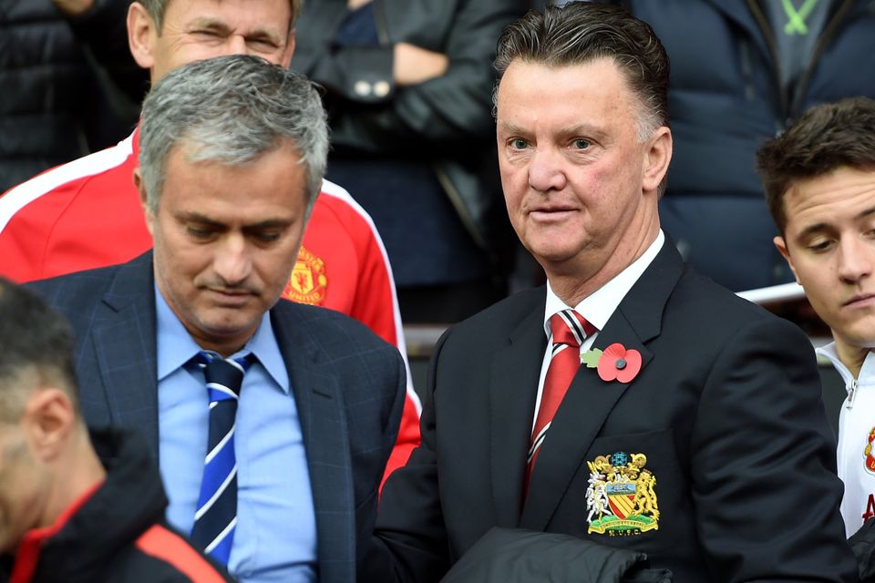 Jose Mourinho, left, believes Manchester United stagnated under David Moyes and Louis van Gaal, right