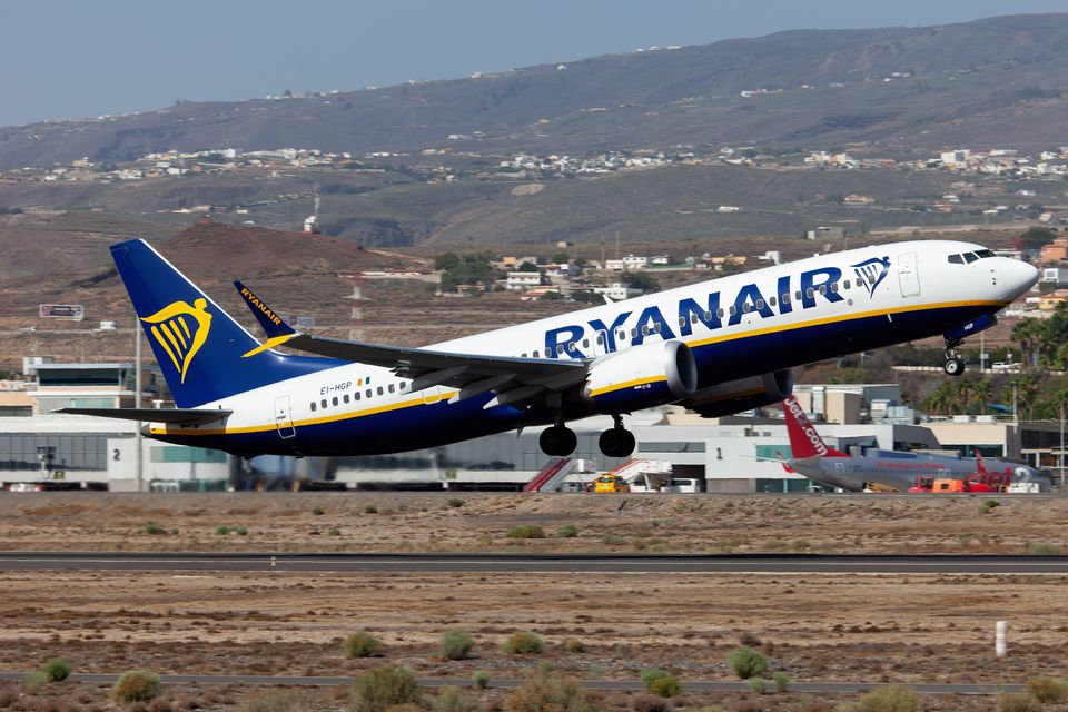 A Ryanair Boeing 737-8-200-MAX at Tenerife Sur-Reina Sofia airport. Photo: Getty