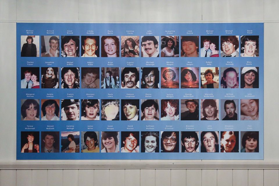Portraits of the 48 victims hang on the wall at the Stardust inquest. Photo: Photocall