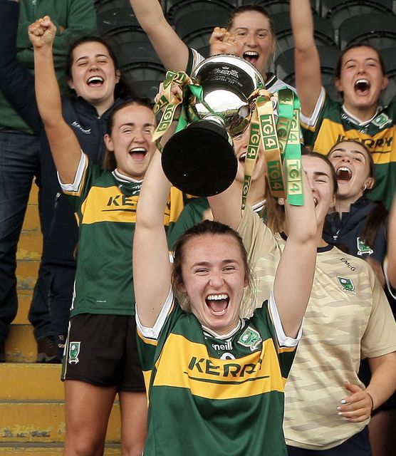 Kerry captain Niamh Carmody raises the trophy after her team's victory over Cork in the TG4 Munster Senior Football Championship final at Mallow on Saturday