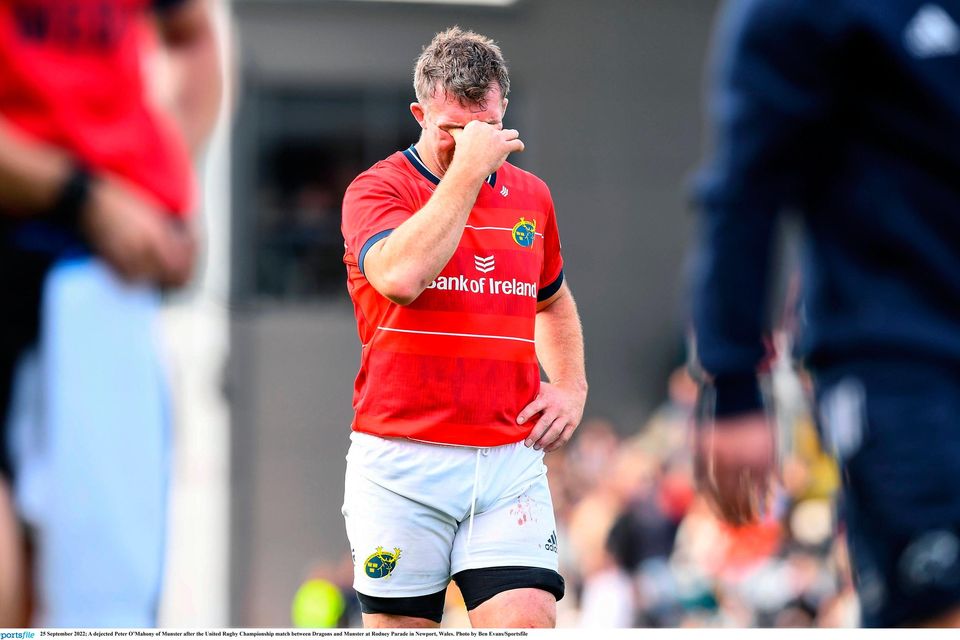 Up against the clock: A dejected Peter O’Mahony of Munster after the United Rugby Championship clash against the Dragons at Rodney Parade in Newport, Wales. Photo: Ben Evans/Sportsfile
