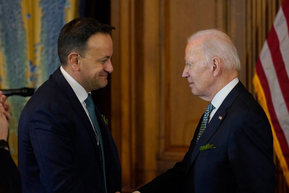 Taoiseach Leo Varadkar shakes US President Joe Biden's hand at the annual Speaker's Luncheon on Capitol Hill during his visit to the US for St Patrick's Day. Photo: Niall Carson/PA Wire