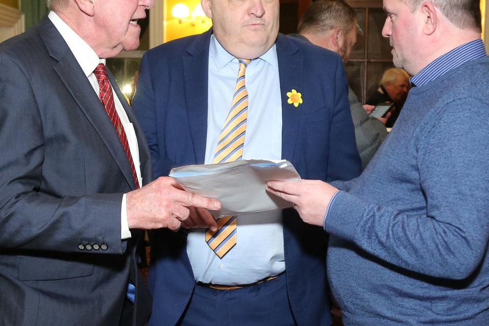 Councillor Ian Doyle and Councillor Bernard Moynihan chatting to Colm Leahy, Fianna Fáil party organiser, at the Kanturk LEA selection convention at the James O’Keeffe Institute in Newmarket last Friday night.