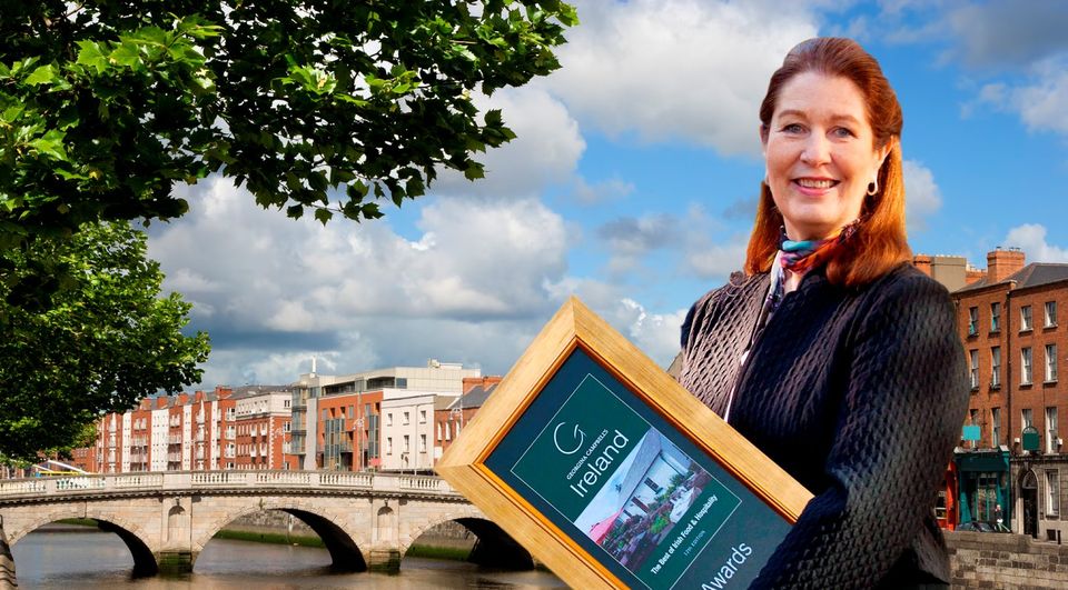Composite: Georgina Campbell with one of her awards (Dublin in background).