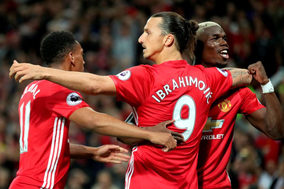 Anthony Martial, Zlatan Ibrahimovic and Paul Pogba celebrate during last Friday’s Premier League win over Southampton.