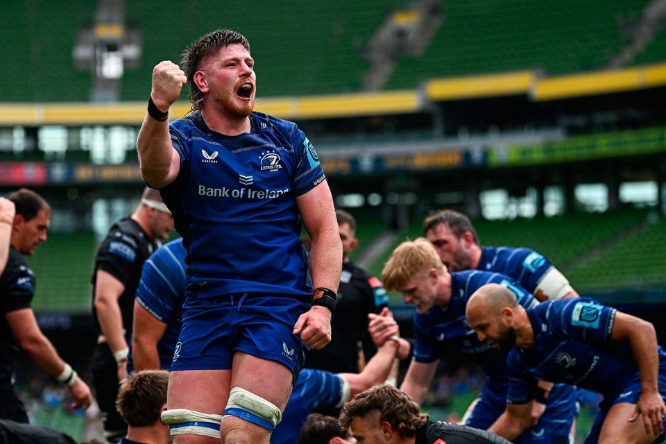 Joe McCarthy celebrates Leinster's fourth try, scored by Dan Sheehan, during the URC semi-final win over Glasgow Warriors at the Aviva Stadium. Photo: Seb Daly/Sportsfile