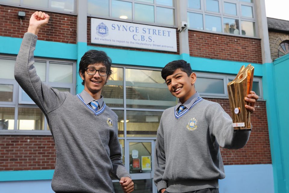 Aditya Joshi (15) and Aditya Kumar (15) from Synge Street CBS in Dublin have been crowned the overall winners of the BT Young Scientist & Technology Exhibition 2022. Photo: Fennell Photography