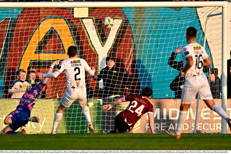 Edward McCarthy scores for Galway United against Shelbourne