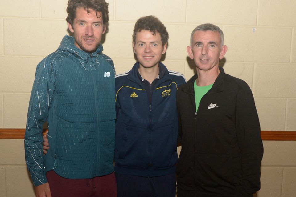 Top three home in the Mount Hillary AC Road Race were Donal Coakley (Leevale), runner up; Anthony Mannix (Cork Track Club), winner and Gary Walsh (Bweeinng Trail Blazers), third pictured at the presentation of prizes. Picture John Tarrant