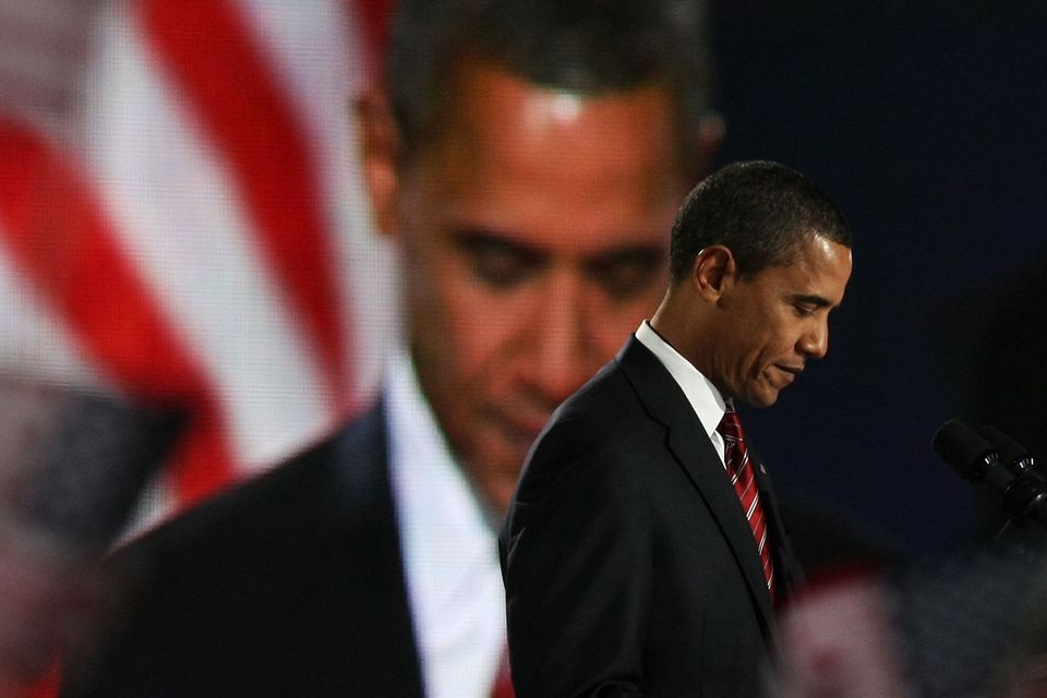 High emotion: Barack Obama gives his victory speech to supporters in Grant Park in Chicago on November 4, 2008