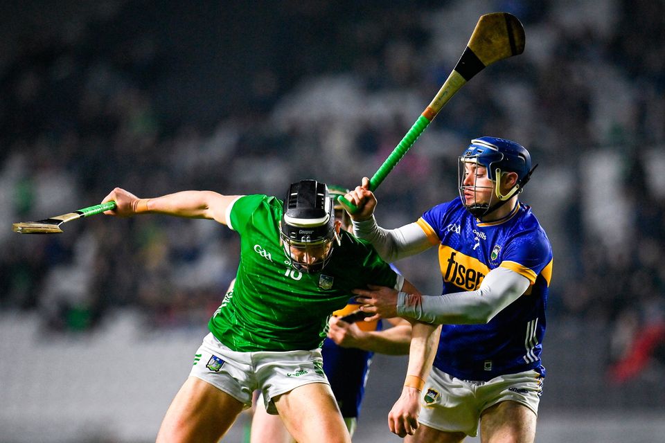 Gearóid Hegarty of Limerick in action against Conor Bowe of Tipperary during their league clash on Saturday night. Counties like Tipperary need to use the league to test their game-plan for tackling the Treaty. Photo: Seb Daly/Sportsfile