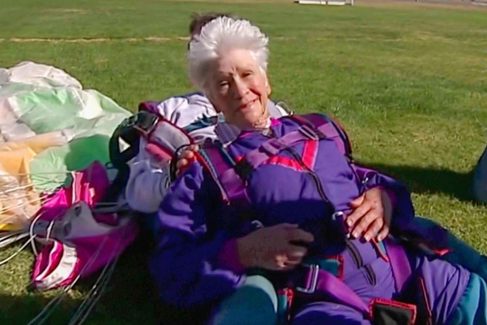 Clare Nowland celebrating her 80th birthday by skydiving. Photo: via AP