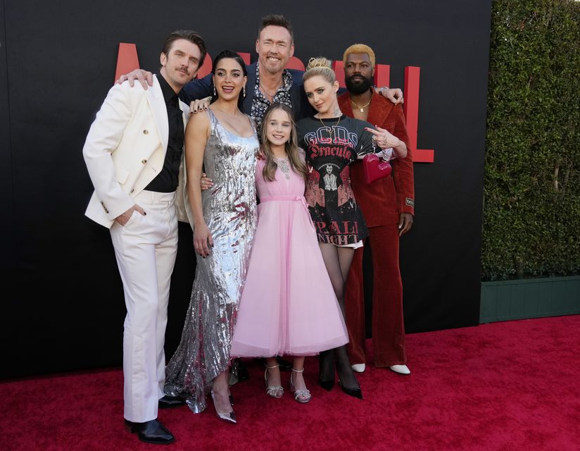 Cast members of “Abigail,” pose together at the premiere of the film at the Regency Village Theatre, Wednesday, April 17, 2024, in Los Angeles. (Chris Pizzello/AP)