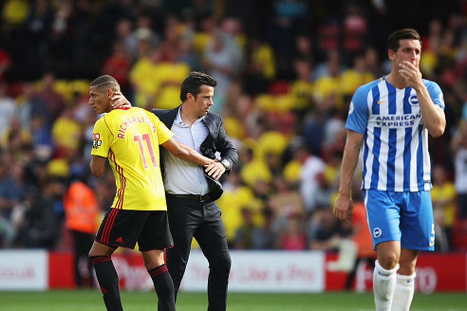 Richarlison de Andrade of Watford and Marco Silva, Manager of Watford embrace after the Premier League match between Watford and Brighton and Hove Albion at Vicarage Road on August 26, 2017 in Watford, England.  (Photo by Julian Finney/Getty Images)