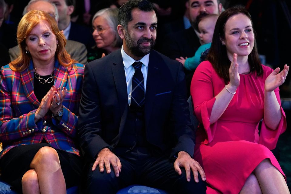 Ash Regan (left), Humza Yousaf and Kate Forbes at Murrayfield Stadium in Edinburgh yesterday, after it was announced Mr Yousaf is the new Scottish National Party leader. Photo: Andrew Milligan/PA Wire