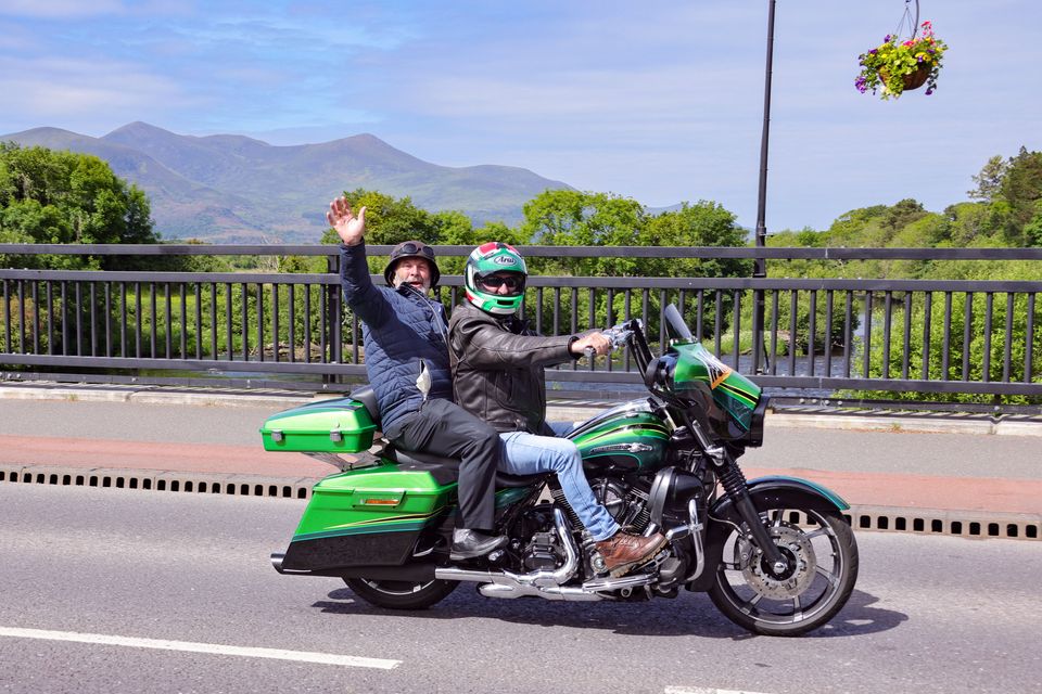 Deputy Danny Healy-Rae as the passenger taking part in the annual Ireland BikeFest  parade on Sunday.