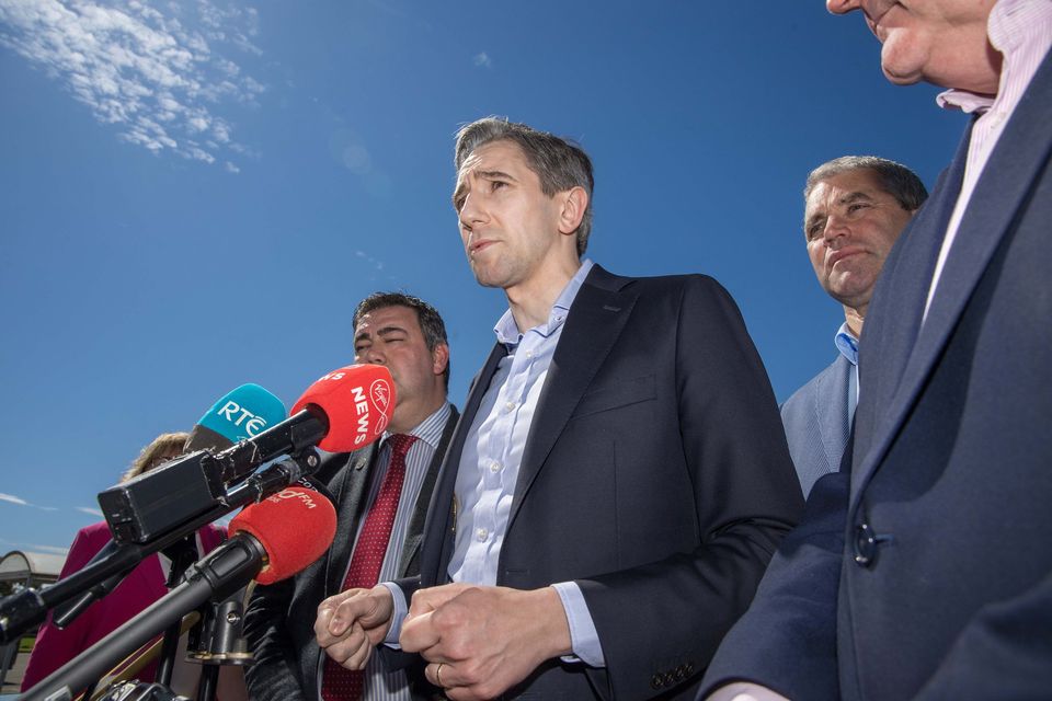 Taoiseach Simon Harris with Fine Gael Cork County Councillors, local election candidates alongside Ireland's Southern Europe candidate John Mullins, pictured in Corrin Mart, Co Cork.  Pic Darragh Mc Sweeney/Provision