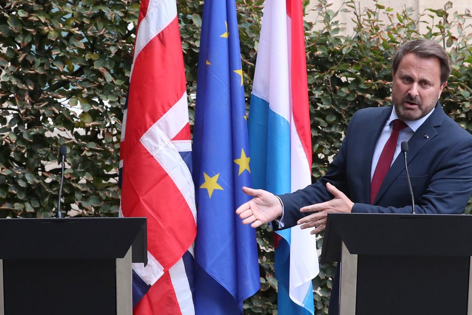 No show: Prime Minister of Luxembourg Xavier Bettel goes ahead with a press conference yesterday despite Boris Johnson not joining him. Photo: Reuters