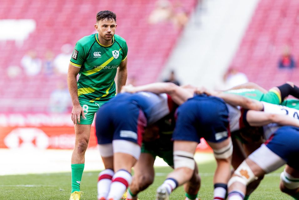 Ireland's Hugo Keenan watches a maul during the HSBC Men's SVNS 2024 Grand Finals Pool B match against Great Britain in Madrid earlier this month. Photo: Juan Gasparini/Sportsfile